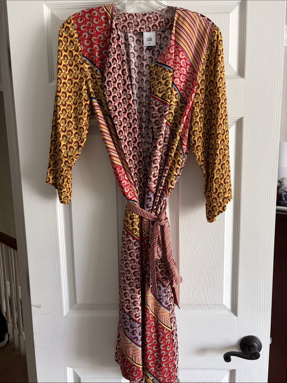 CAbi Multicolor Patchwork Wrap Dress / Duster — Mustard, Red & Pink - size XS